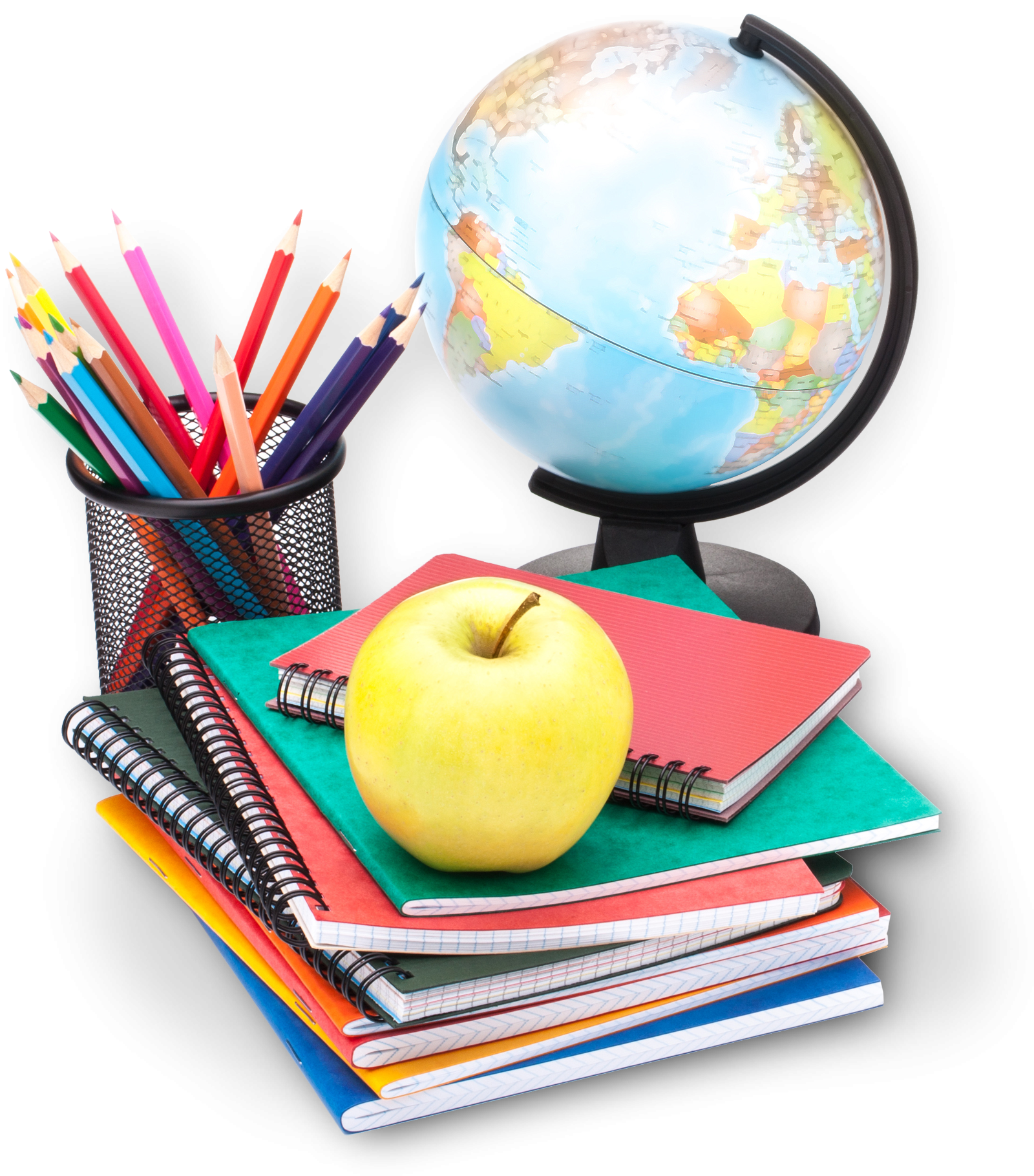 Tools for learning at Glendale Christian School: Globe, Colored Pencils, Notebooks and an apple Tools for learning at Glendale Christian School